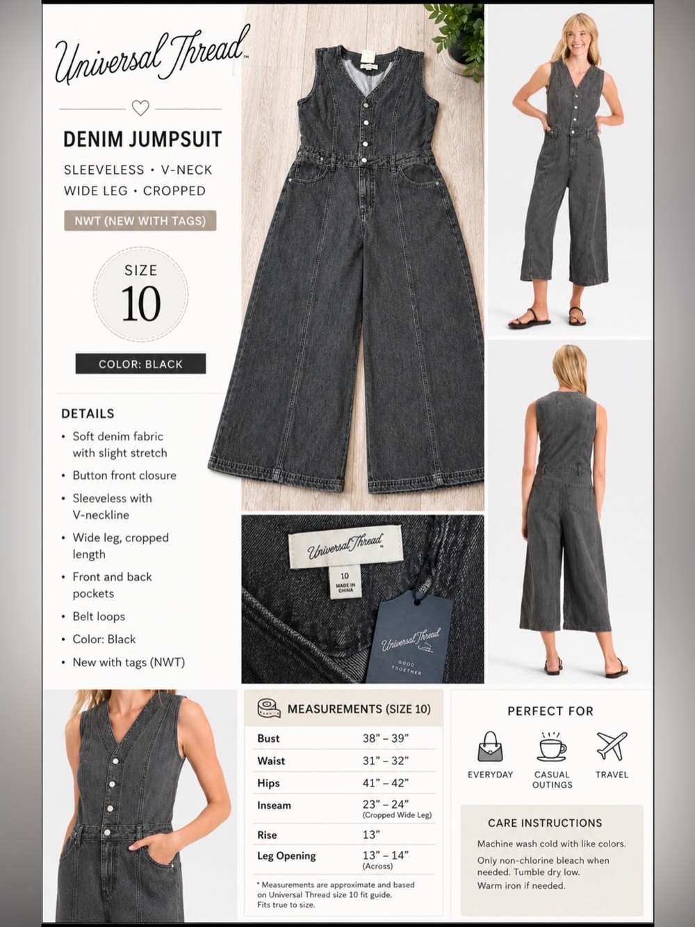 NWT Universal Thread Denim Jumpsuit Size 10 Black Wash Sleeveless Wide Leg